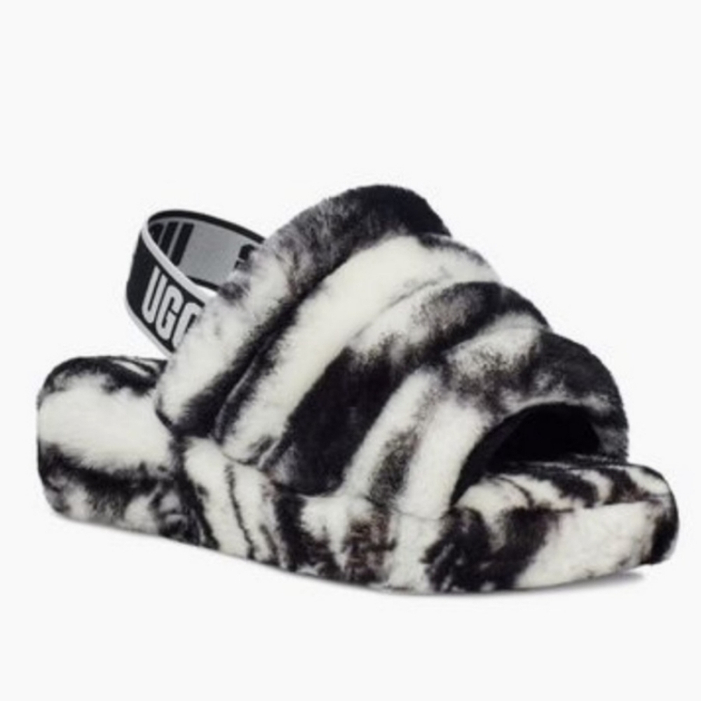 UGG"Like New" Fluff Yeah Slide Marble Black and White Logo Band Sz 5